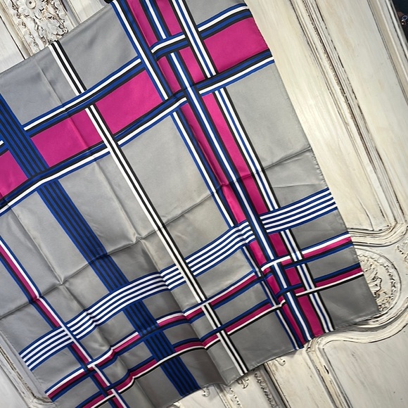 Gray Plaid Scarf with Pink and Blue Accents - Picture 3 of 5